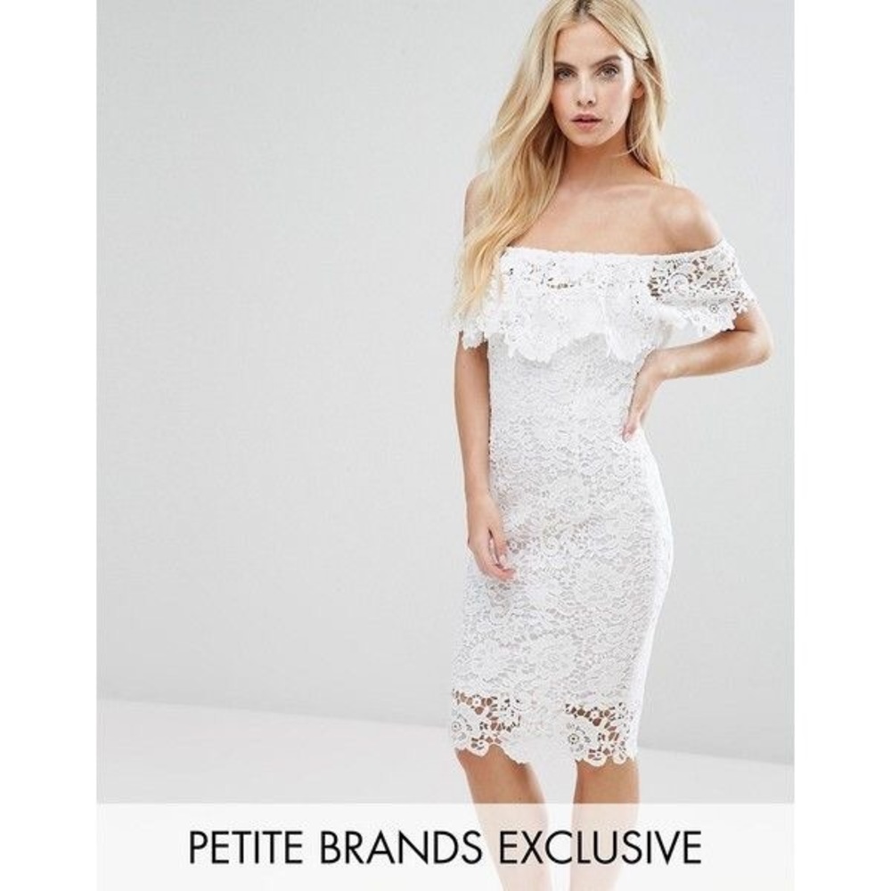 White lace petite off the shoulder dress